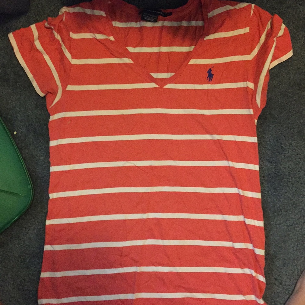 Coral And White Striped V-Neck Ralph Lauren Tee